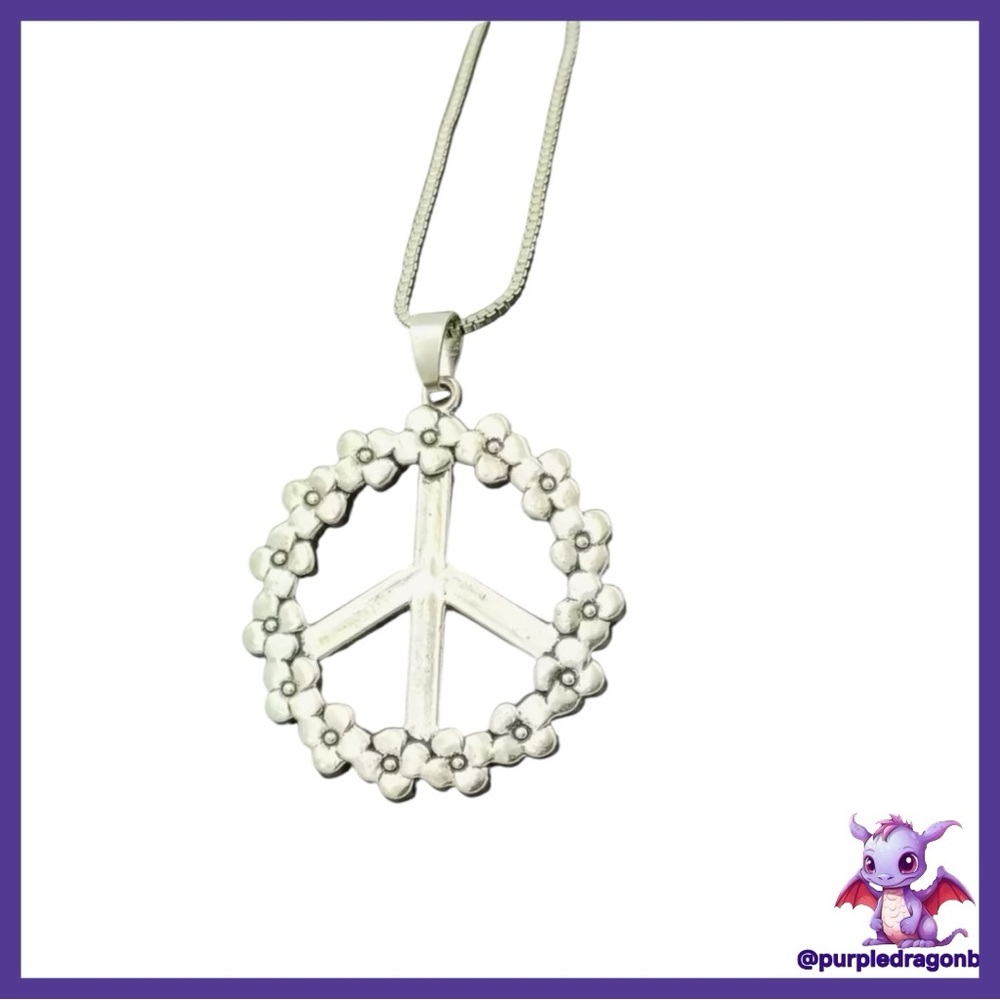 Silver Plated Daisy Floral Peace Symbol Necklace